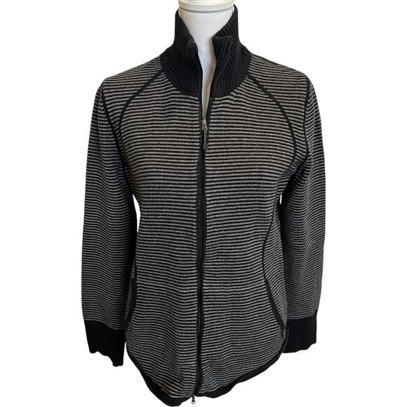Eddie Bauer Cardigan Sweater Womens Large Grey Stripe Zip Up Fitted Stand Collar - Picture 1 of 8